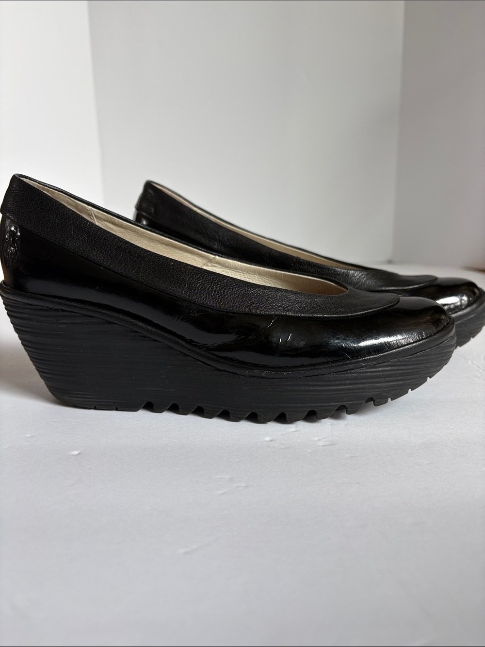 Fly London Yoko wedge pump black patent leather textured matte leather platform